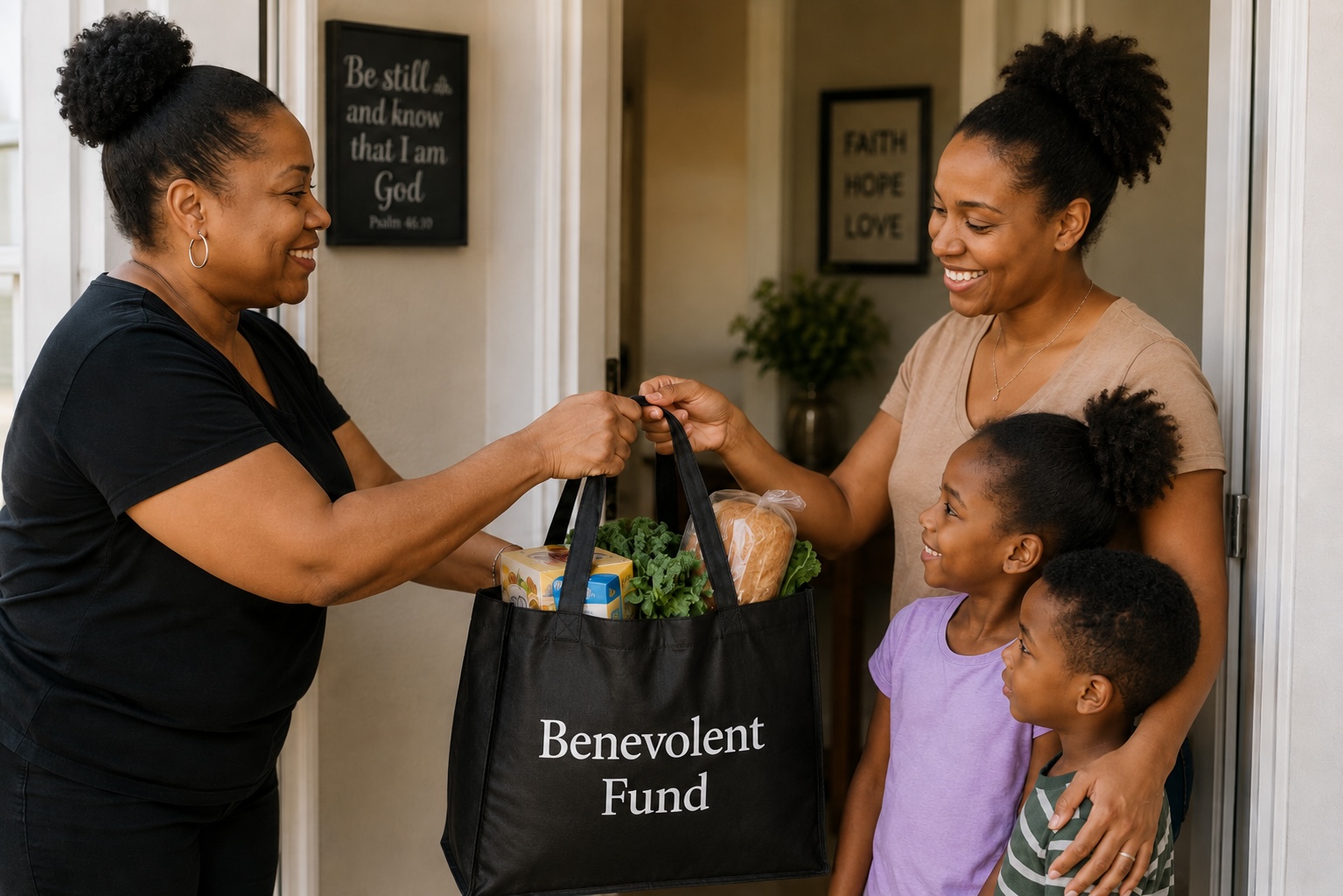 A volunteer handing a Benevolent Fund grocery bag to a mother and her two children at their front door